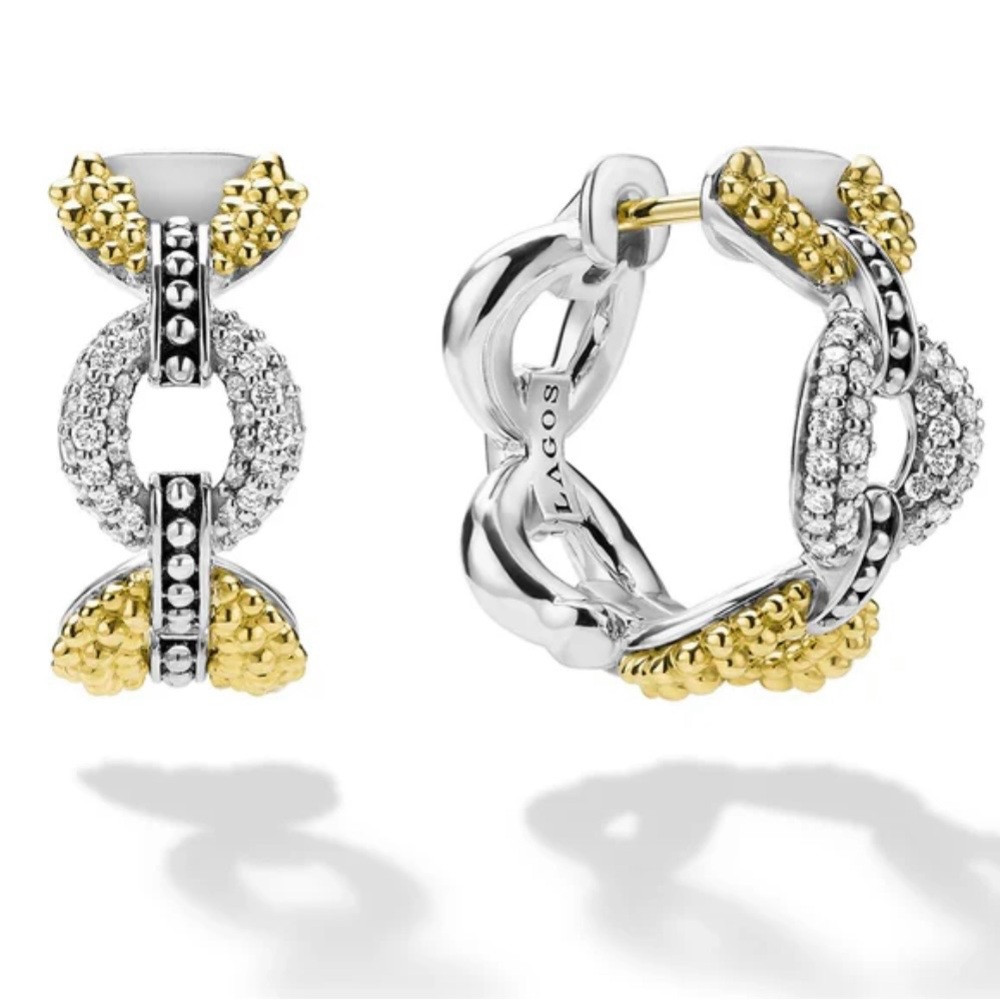 LAGOS Two-Tone Gold and Silver Beaded Link Hoop Earrings with Pavé